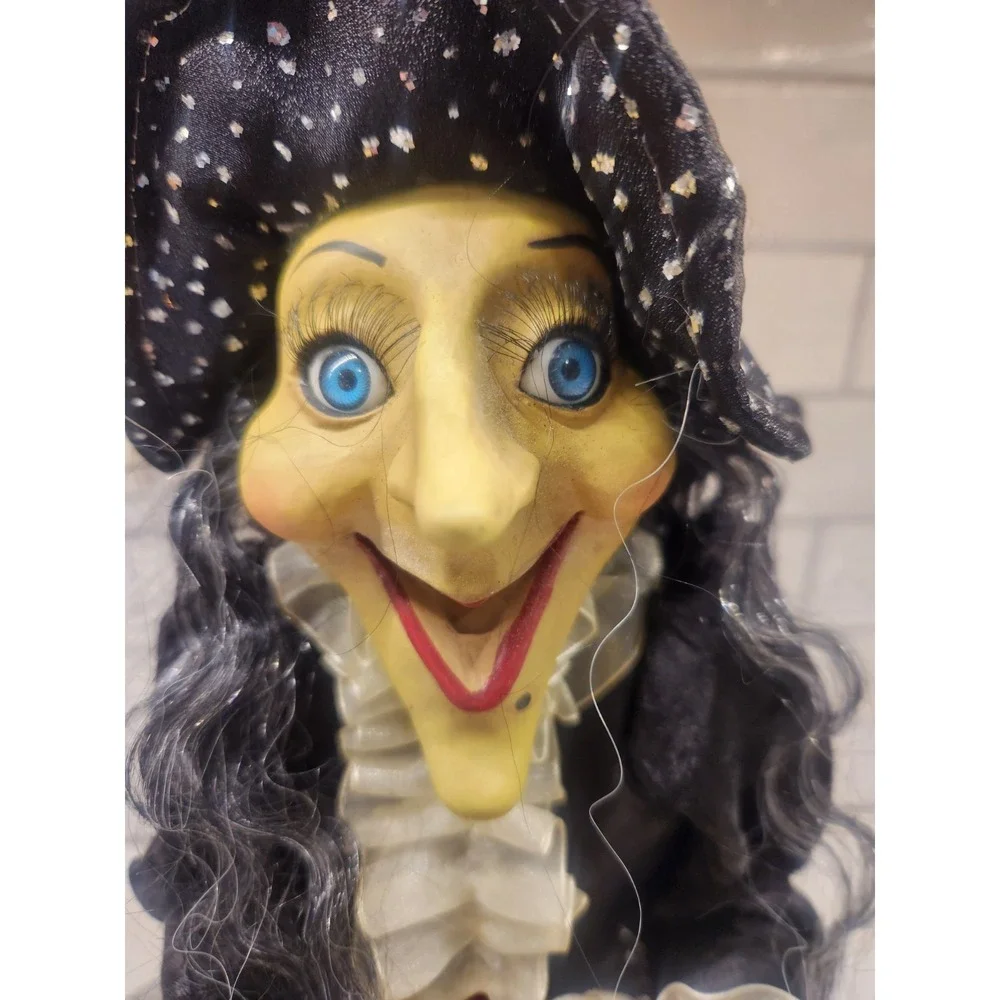 Sitting Halloween Witch with Green Face and Hands Shelf Sitter Dangling Legs